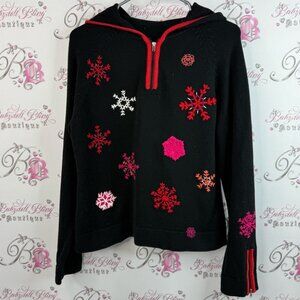 Vintage sweater knit hoodie snow Black Sweater with Red and Pink Snowflakes